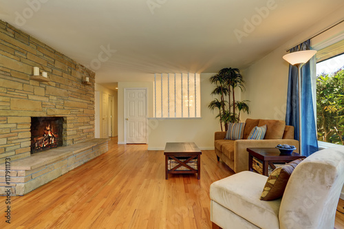 Nice Living Room In Blue And Brown Colors With Stone Tile
