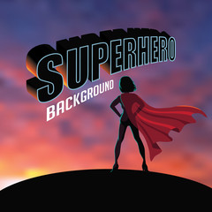 
Superhero woman silhouette sunrise or sunset background with copy space. EPS 10 vector.