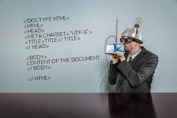Html code text with vintage businessman