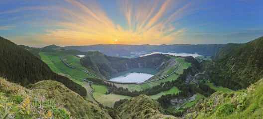 Wall Mural - mountain landscape with hiking trail and view of beautiful lakes, ponta delgada, sao miguel island, 