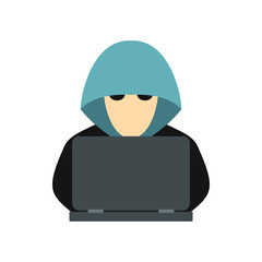Poster - Hacker behind a computer icon in flat style isolated on white background. Cracking symbol