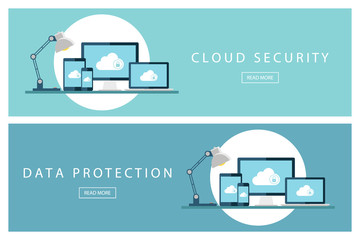 Poster - Set of flat design illustration concepts Cloud security and Data protection. Banners for web design, marketing and promotion. Presentation templates. Vector illustration.
