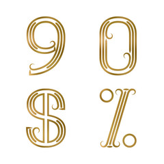 Poster - nine, zero golden numbers, dollar and percent sign. font of lines with flourishes. type in art deco 