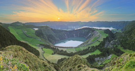 Wall Mural - mountain landscape with hiking trail and view of beautiful lakes, ponta delgada, sao miguel island, 