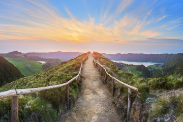 Wall Mural - mountain landscape with hiking trail and view of beautiful lakes, ponta delgada, sao miguel island, 