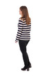 © ghoststone - back view of walking  woman. beautiful blonde girl in motion.  backside view of person.  Rear view people collection. Isolated over white background. Girl in a striped jacket leaves left.