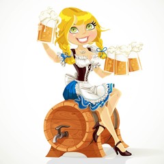 Pretty Blond with a glass Oktoberfest beer sit on barrel of beer