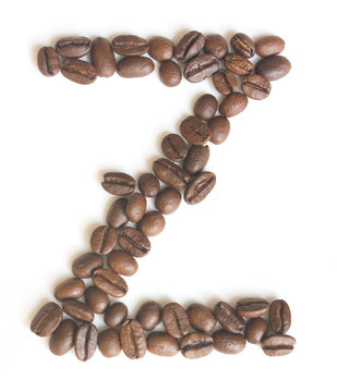 Letter Z made of coffee beans under a daylight isolated on white background