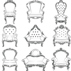 Wall Mural - Baroque luxury style armchair furniture set collection. Throne with luxurious rich ornaments. French Luxury rich carved ornaments decoration. Vector Victorian exquisite Style furniture. Vector sketch