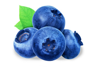 Juicy and fresh blueberries with green leaves on white background. Blue color blueberries close-up. Image of blueberries with high resolution. Blueberry antioxidant. Useful blueberries for vision.