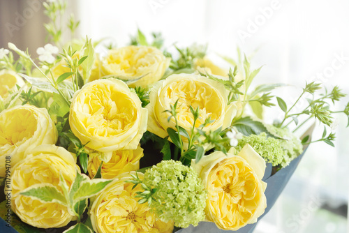 Beautiful Yellow English Roses Flower Bouquet On Wooden Table Next To Window With Sun Light Stock Photo Adobe Stock