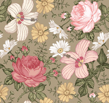 Seamless Pattern. Beautiful Pink Blooming Realistic Isolated Flowers. Vintage Background. Chamomile Rose Hibiscus Mallow Wildflowers. Wallpaper. Drawing Engraving. Vector Victorian Illustration.