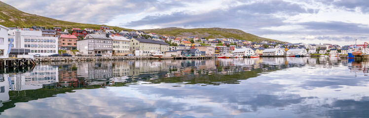 Port of Honningsvag in Finnmark Norway: base for the cruiseships and tourist as starting point for their trip to the North Cape the .most northerly point of Europe.