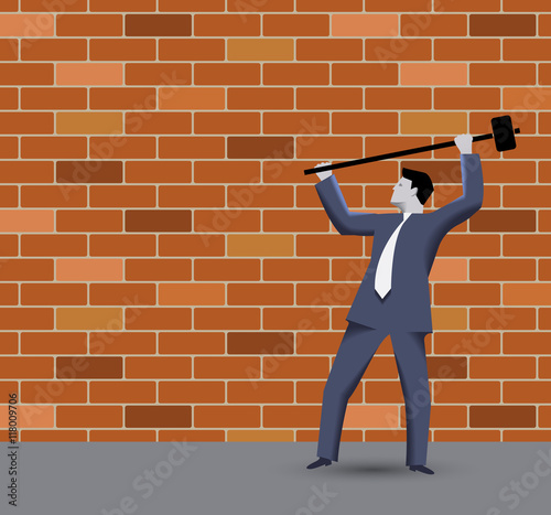 Breaking The Rules Business Concept Confident Businessman In Business Suit With Sledgehammer In Grey Regulated World Trying To Break The Wall Of Rules And To Find New Opportunities And Targets Stock Vector