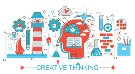 Poster - Modern Flat thin Line design Creative thinking and brainstorming concept for web banner website, presentation, flyer and poster.