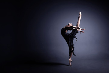 Wall Mural - Young ballerina in a black suit is dancing in a dark studio