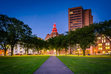 Sticker - Walkway at the New Haven Green and buildings in downtown at nigh