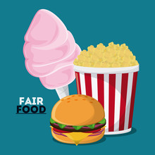 Cotton Candy Hamburger Pop Corn Fair Food Snack Carnival Festival Icon. Colorfull Illustration. Vector Graphic