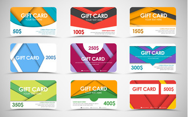 Poster - Big set of gift cards of different values. material design. Templates of different colors and shapes. Vector illustration.