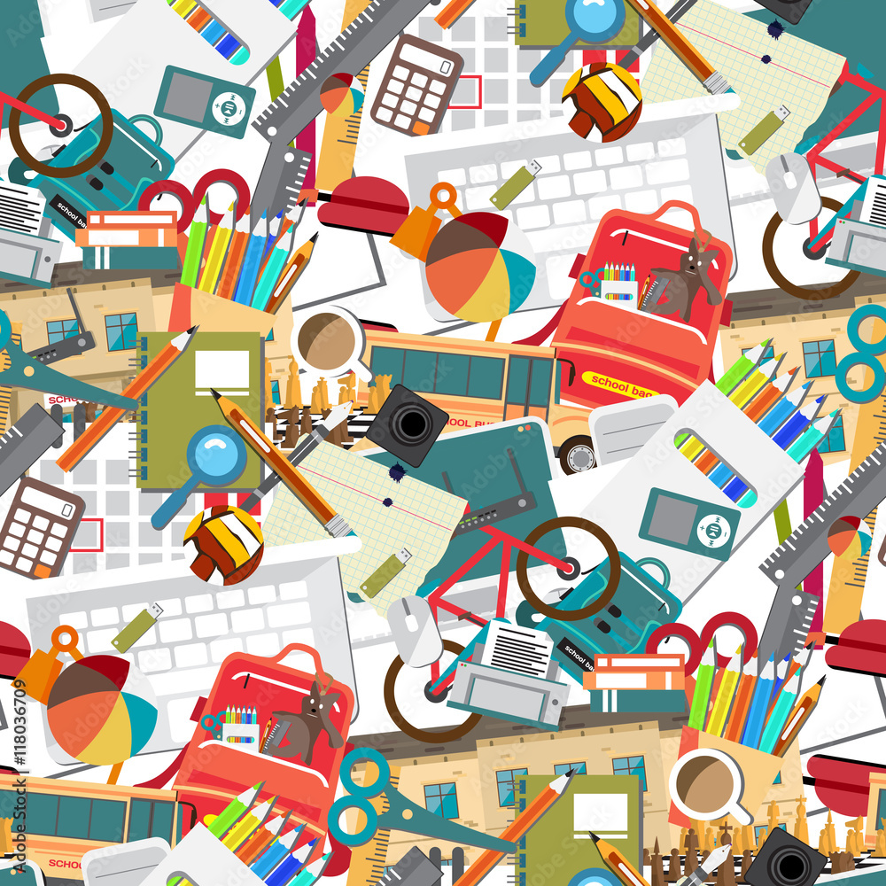 Vector seamless pattern of back to school flat cartoon style thi Stock ...
