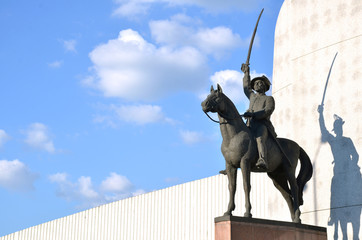 Statue of slovak national hero displayed like a fighter for his nation with sword on the horse