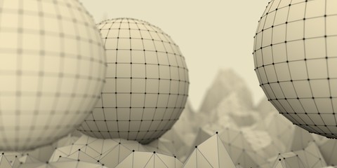 Wall Mural - low poly mountains landscape. 3d illustration. polygonal mosaic background with spheres covered by g