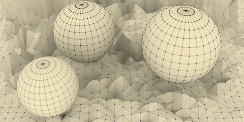 Wall Mural - low poly mountains landscape. 3d illustration. polygonal mosaic background with spheres covered by g