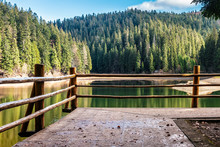 Wooden Pier On Mountain Lake Among Spruce Forest