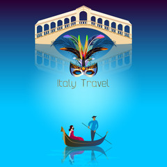 Travel to Italy: sightseeing tour. Landmarks of Italy - architecture in Venice, carnival mask and gondola.