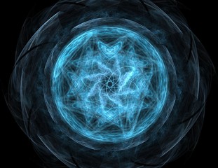 Poster - Particles of abstract fractal forms on the subject of nuclear physics science and graphic design. Geometry sacred futuristic