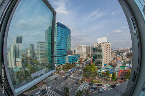 Wide Angle Shot Of City Panorama With Intense Car Traffic On The Streets View From The Window To Seoul South Korea Buy This Stock Photo And Explore Similar Images At Adobe