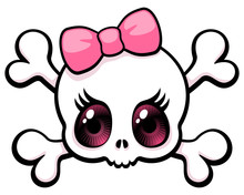 Cute Big Eyed Girl Skull With A Pink Bow, Vector Illustration.