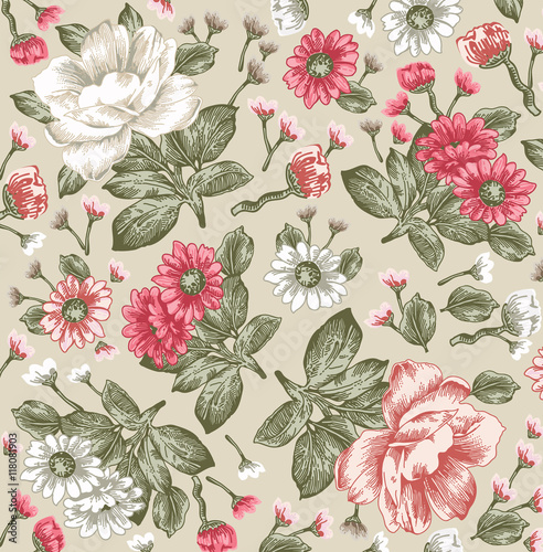 Peonies Classic Pattern Beautiful Pink Flowers Isolated Realistic Vintage Background With Blooming Flowers Drawing Engraving Freehand Wallpaper Vector Victorian Style Illustration Stock Vector Adobe Stock