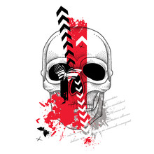 Vector Illustration With Dotted Skull, Abstract Arrows, Butterflies And Blots In Red And Black Isolated On White. Sketch For Tattoo In Trendy Trash Polka And Dotwork Style. Creative Design For Tattoo.