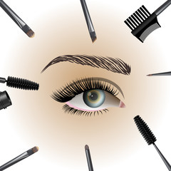 Beautiful eye with makeup accessories. Brushes, combs and mascara. Vector illustration