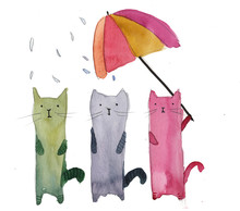 Three Cats In The Rain Watercolor Illustration