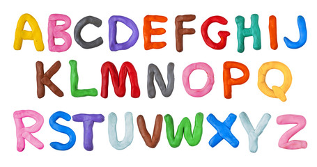 Handmade plasticine alphabet isolated on white background. English colorful letters of modelling clay.