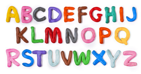 handmade plasticine alphabet with shadow. isolated on white background. english colorful letters of 
