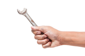 Wall Mural - hand holding a spanner isolated on a white background