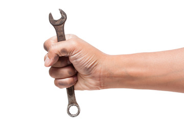 Wall Mural - hand holding a spanner isolated on a white background with using path 