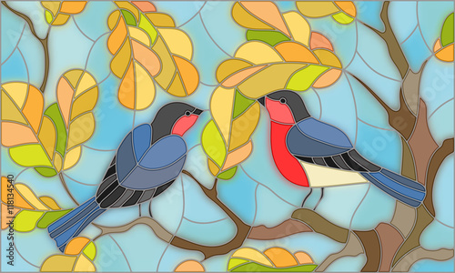 Nowoczesny obraz na płótnie Illustration in stained glass style on the theme of autumn, two bullfinches in the sky and oak leaves