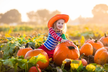 child playing on pumpkin patch