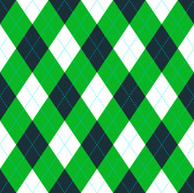 Seamless Argyle Pattern In Dark Green, Lime Green & White With Blue Stitch. 