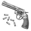 Revolver with bullets. Vector engraving vintage illustrations.