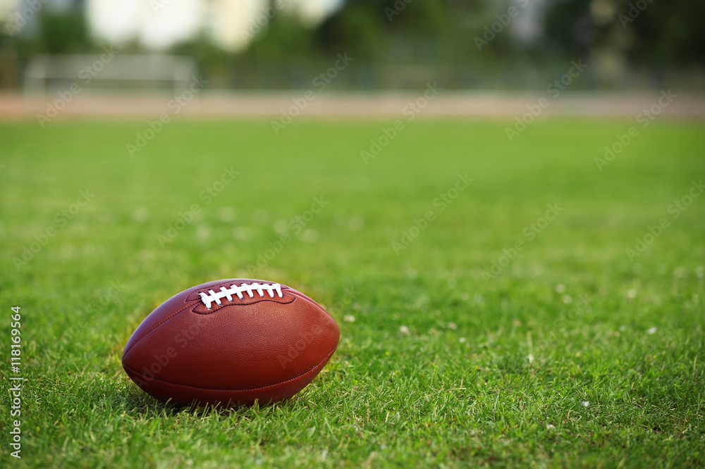 American football ball on a green grass
