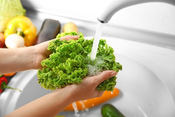 Wall Mural - Female hands washing fresh vegetables in kitchen sink