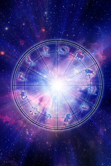 Wall Mural - a zodiac wheel over starry universe like an astrology concept