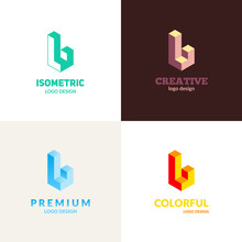 Letter "L" logo set. 3d Isometric typography design. 