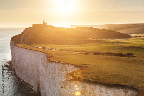 Fotografie, Obraz Panoramic view of Seven Sisters cliffs at sunset