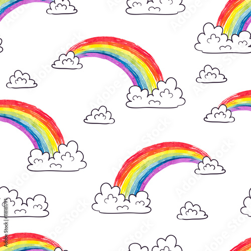 Watercolor rainbows and clouds seamless pattern. Colorful cartoon vector sky ...